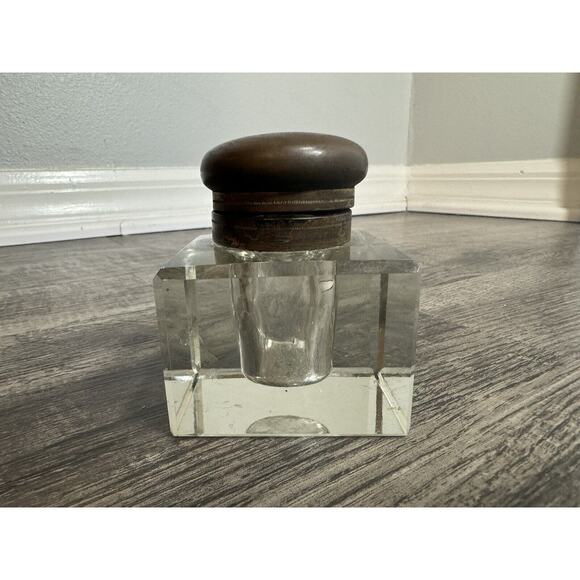 Antique Vintage Crystal Glass Block Ink Well Brass Lid Art Deco Cube Grandpacore - Picture 5 of 13